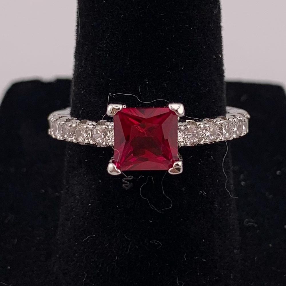 Ruby Ring Princess Cut 925 Sterling Silver Cz Siz… - image 1